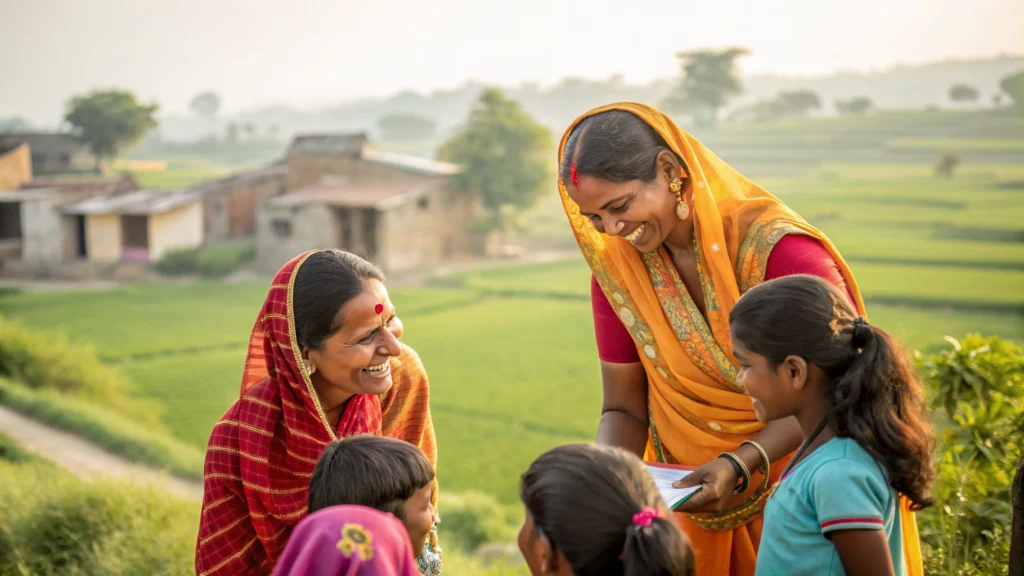 UP Anganwadi Helper Recruitment 2026 banner showing female workers in a rural Indian setting.