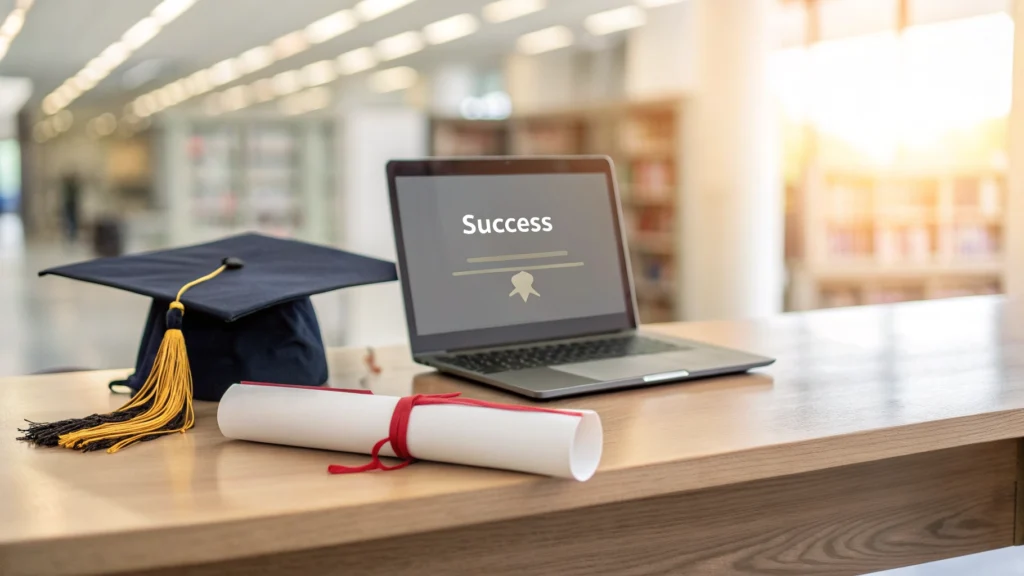 A professional and clean image representing educational success and examination results, featuring a graduation cap, a certificate, and a laptop on a desk.